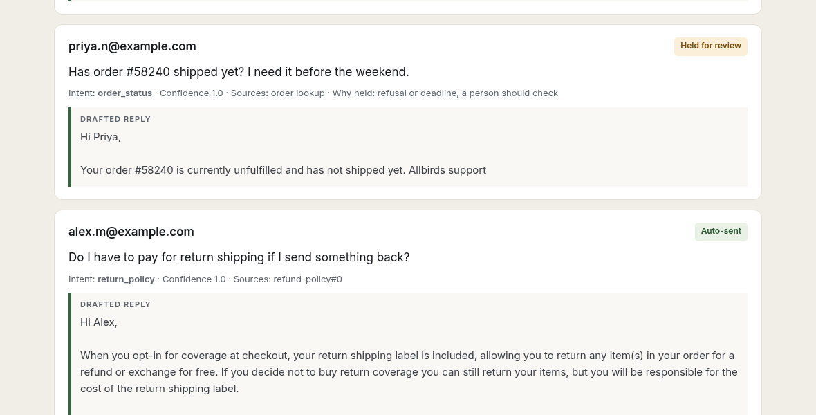 Demo queue: a deadline question held, a return-shipping answer auto-sent